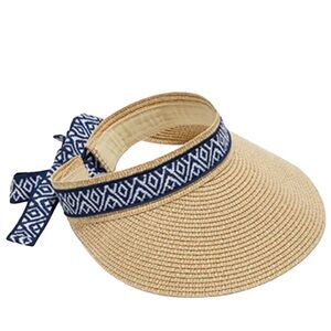 NWT Sea & Grass Packable Straw Visor With Ribbon Blue White Tieback